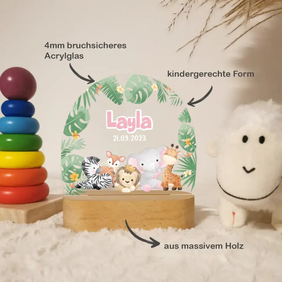 Personalisierte LED-Nachtlampe für Kinder "Safari Tiere"